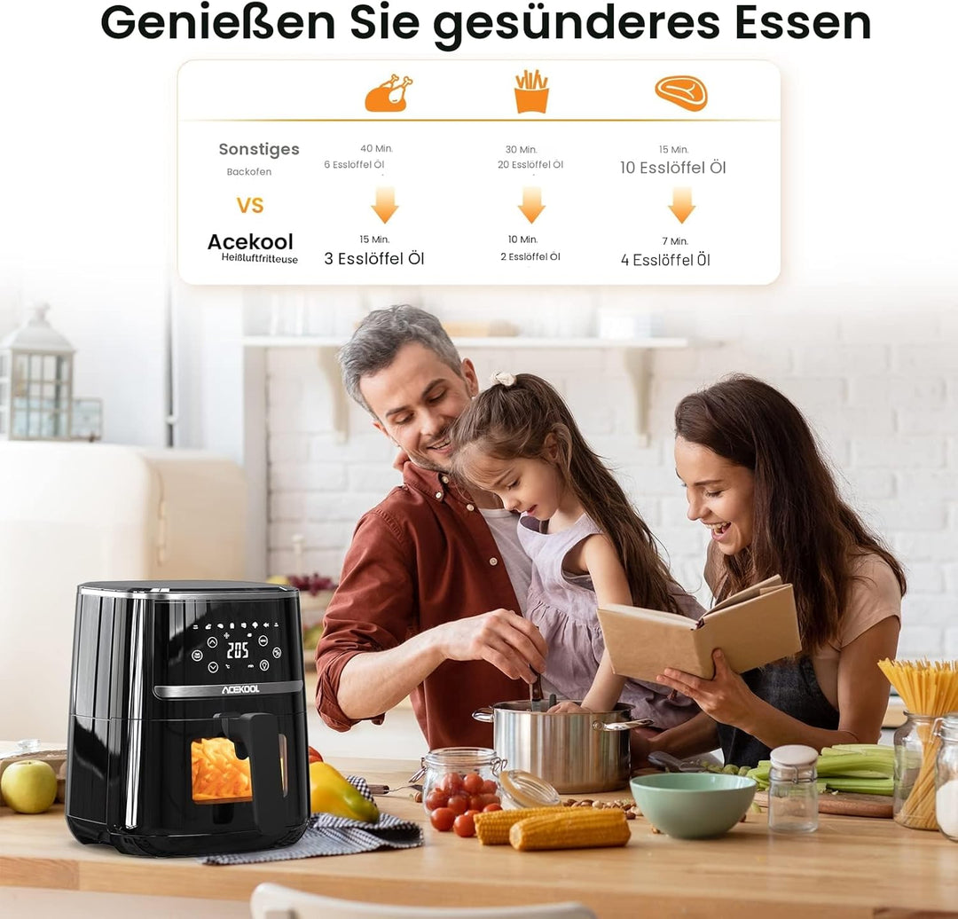 Acekool Heissluftfritteuse 4,5L XXL Friteuse Heissluft Fritteusen Air Fryer mit Silicon Liner, 45dB