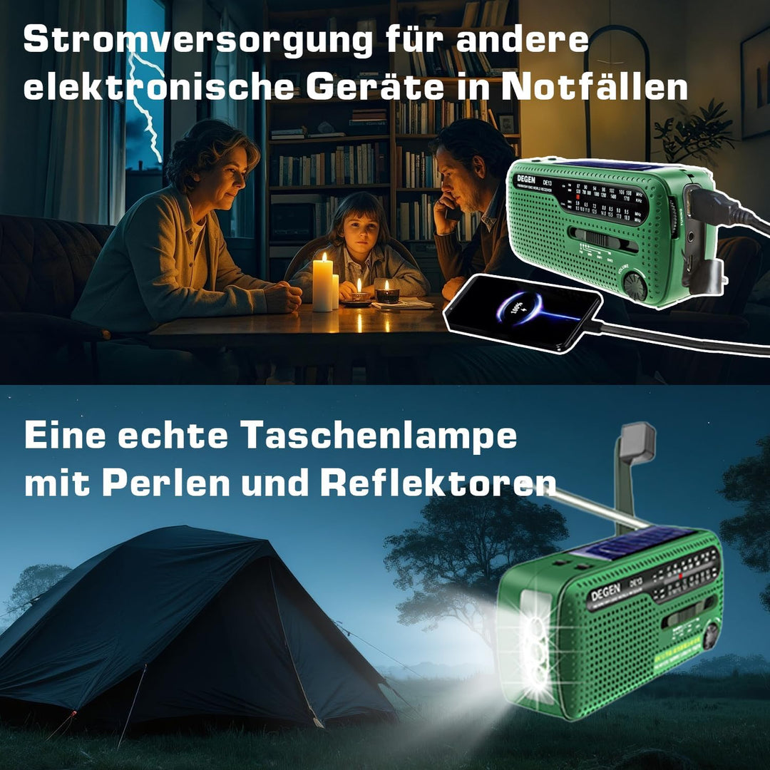 DEGEN DE13 Kurbelradio Tragbares Solar Radio FM AM SW Eingebaute Wiederaufladbare Batterie LED Dynam