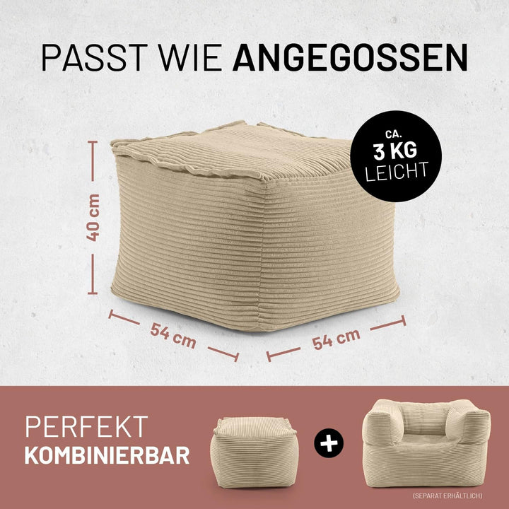 Lumaland Modular Sitzsack Hocker Cord 140 L für Modulares Sofa | ideales Match mit Sessel | EPS Perl