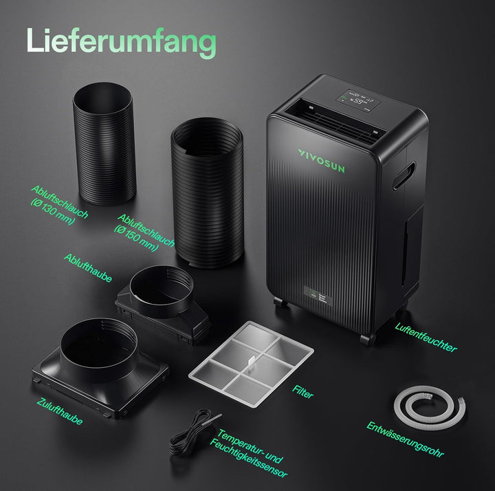 VIVOSUN AeroDrain D12 Luftentfeuchter Elektrisch 12L/Tag mit 2L Tank, Smart Dehumidifier mit Tempera