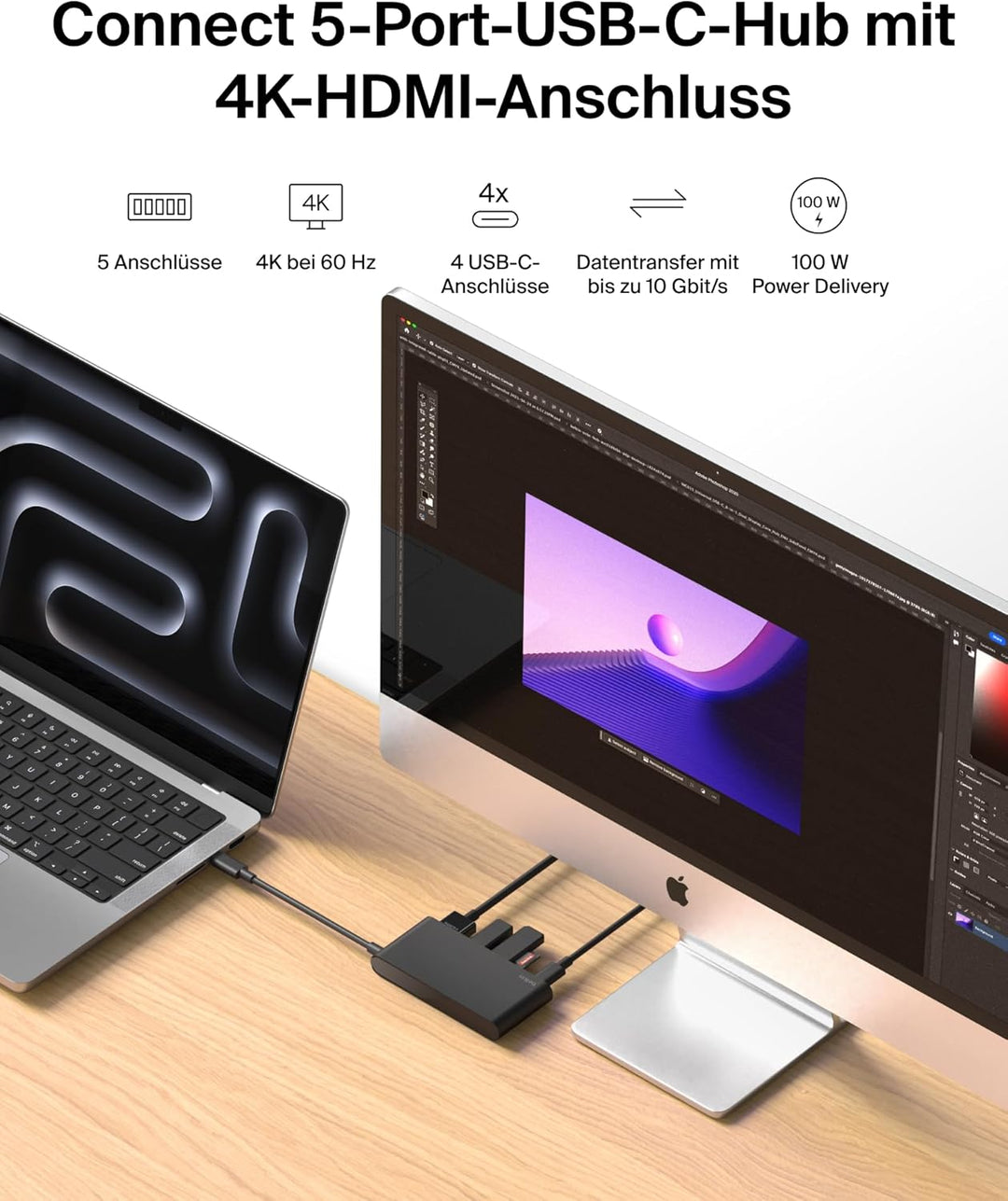 Belkin USB Hub, 5 in 1 USB C Adapter mit HDMI Anschluss, 4K 60Hz, 100W Power Delivery, Schneller Dat