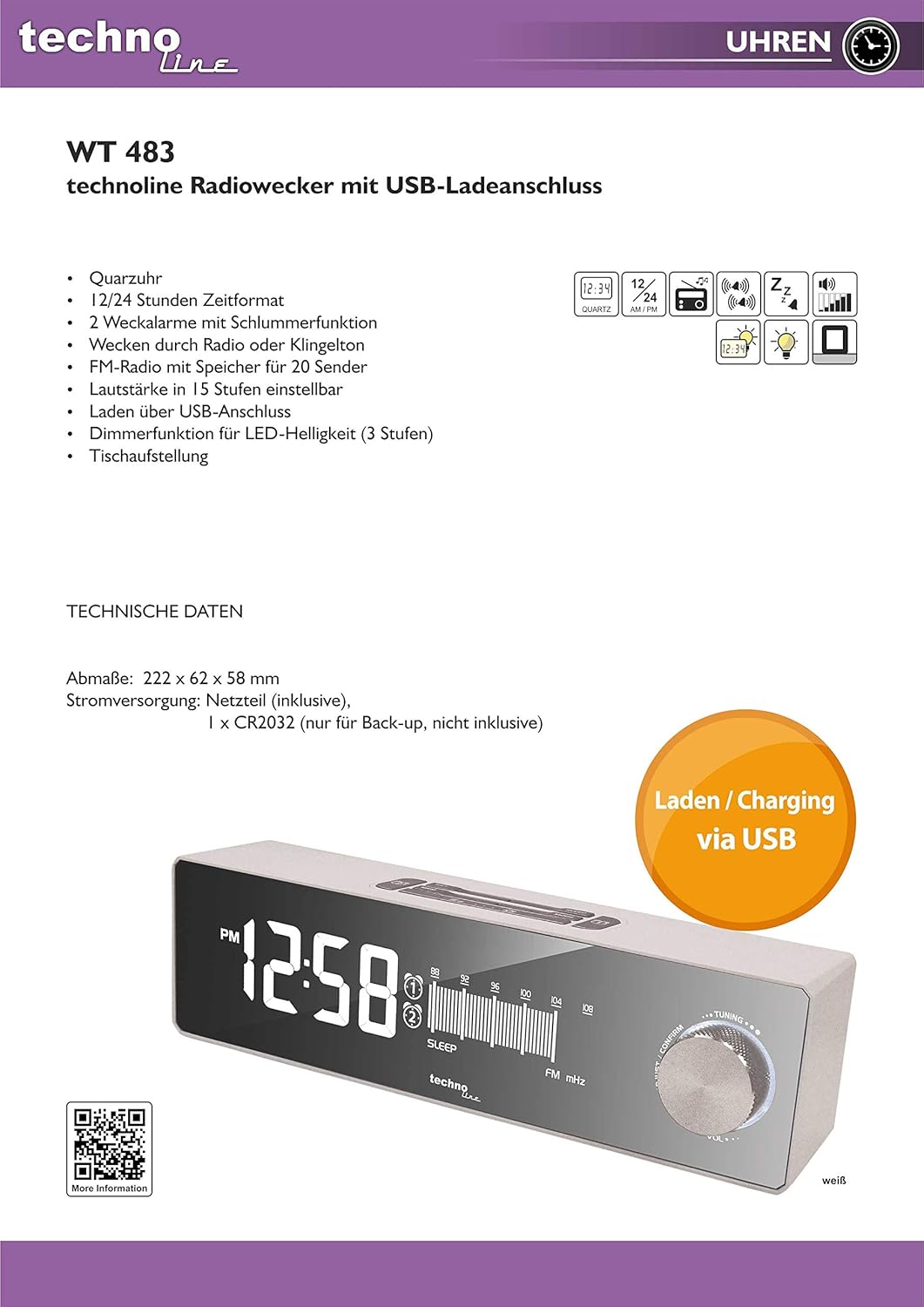 Technoline WT 483 Radiowecker mit USB-Ladeanschluss, Retro-Optik