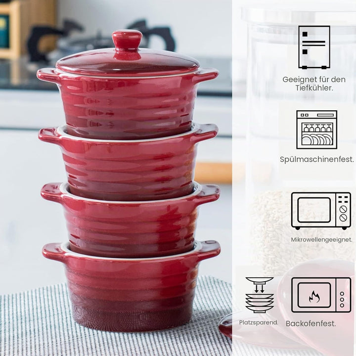 Auflaufform Klein 250ml X 4er, Soufflé Förmchen Mit Deckel - Rot, Creme Brulee Schälchen aus Porzell