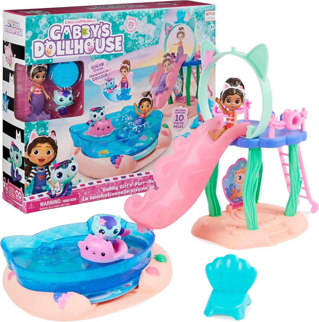 Gabby’s Dollhouse, Purrific Pool Party Spielset mit Gabby- und Meerkätzchen-Figur &amp; Deluxe Raum, Bak