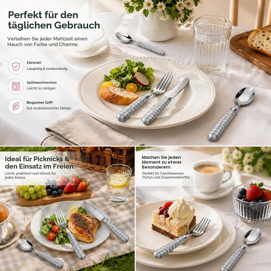 EXZACT Edelstahl-Besteck Set 24 Stück - Gingham Farbige Griffe - 6 x Tafelgabeln, 6 x Tafelmesser, 6