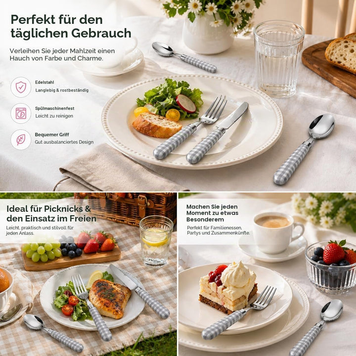 EXZACT Edelstahl-Besteck Set 24 Stück - Gingham Farbige Griffe - 6 x Tafelgabeln, 6 x Tafelmesser, 6