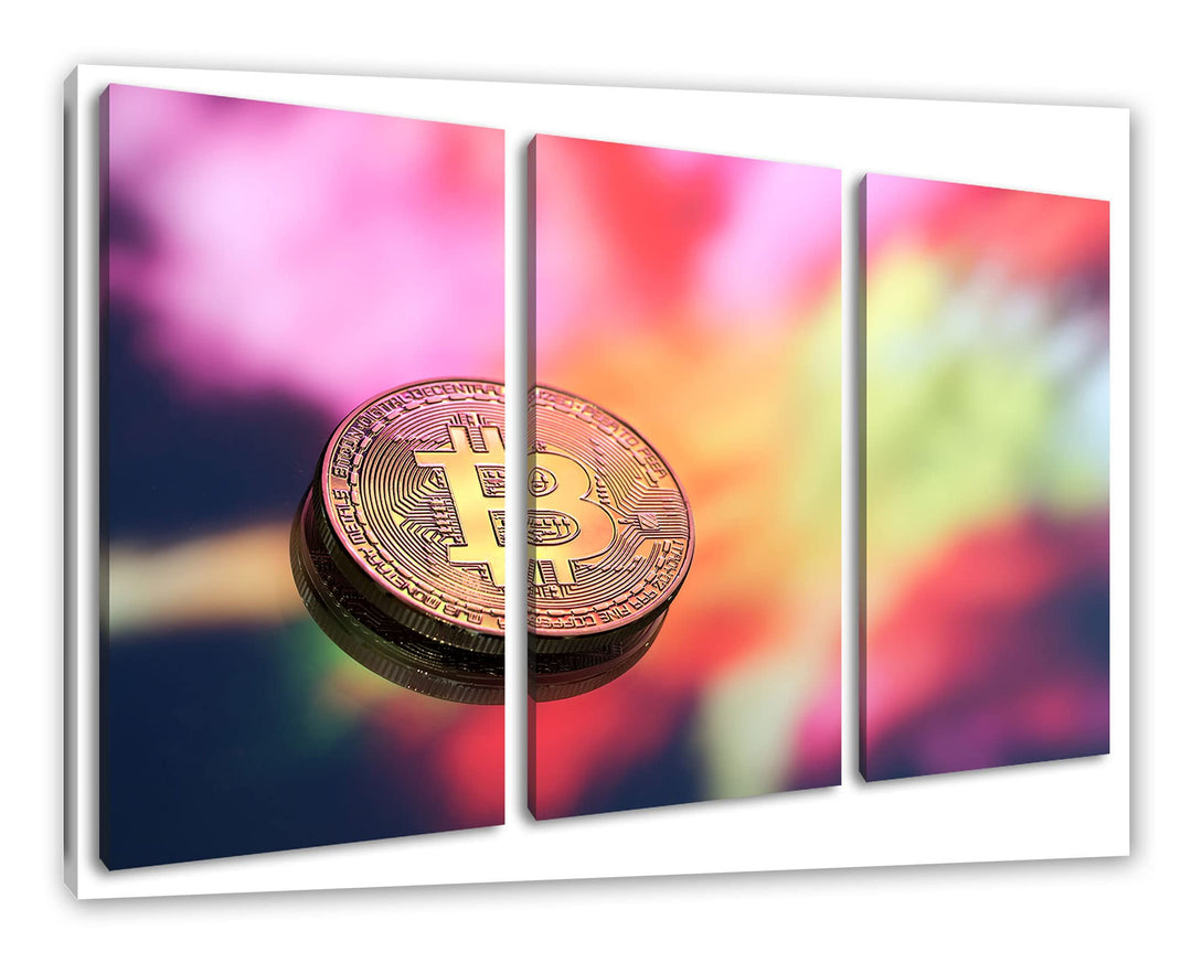 Bitcoin BTC bunte Darstellungals Leinwandbild 3 teilig | Grösse: 120x80 cm | Wandbild | Kunstdruck |
