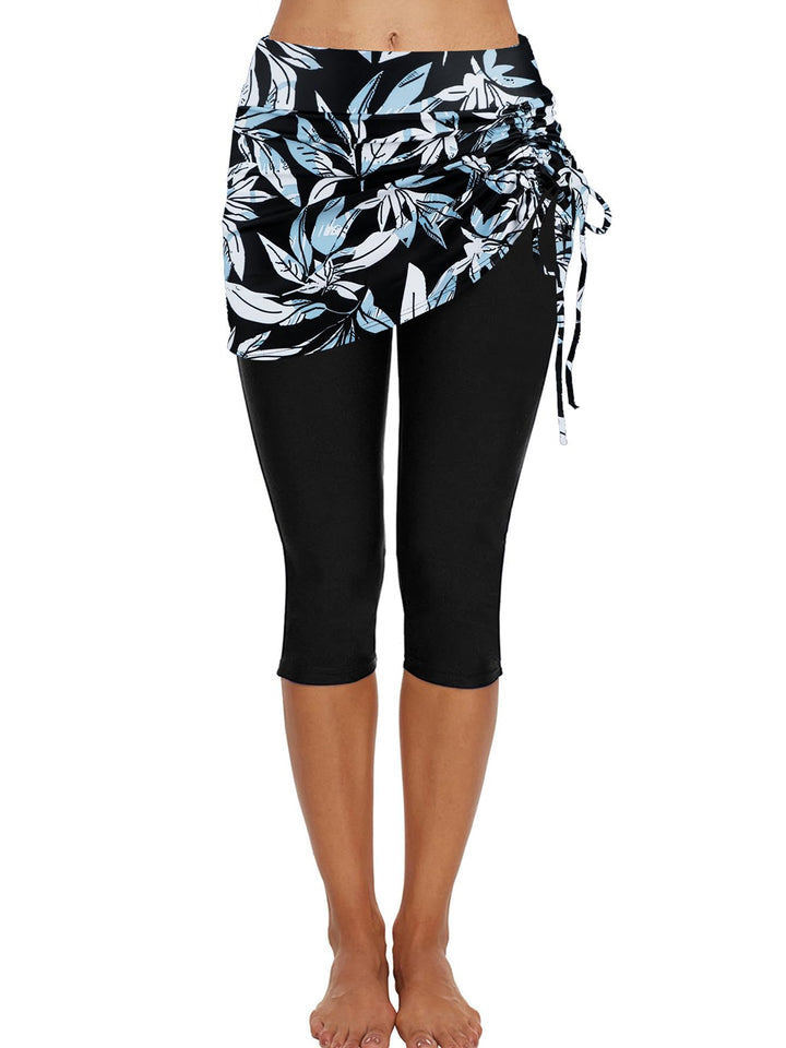 Ecupper Badehose Damen Lang Schwimmhose Capri Badeleggings Mit Rock Schwimm XL Blaue Blume, XL Blaue