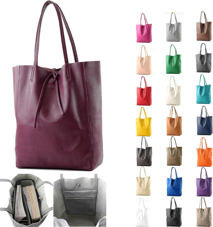 modamoda de T163 Damen Leder Shopper Schultertasche, handmade in Italy Saphirblau2021, Saphirblau202