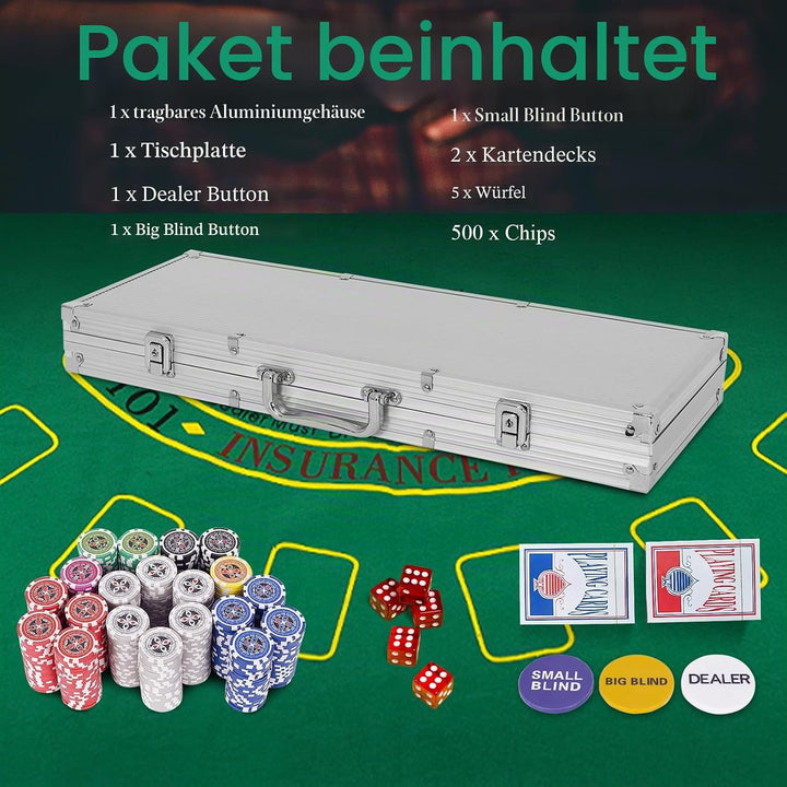 HOMASIS Pokerset mit 500 Chips, Alu Pokerkoffer mit 2 Kartendecks, 5 Würfeln, 3 Dealer Button &amp; Matt