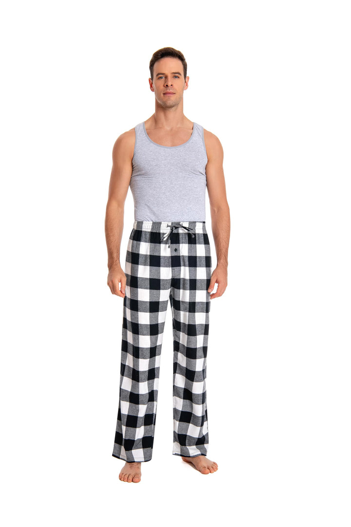 Herren 100% Baumwolle Flanell Bequeme Pyjama/Lounge Bottoms mit Taschen XL Black White Check, XL Bla