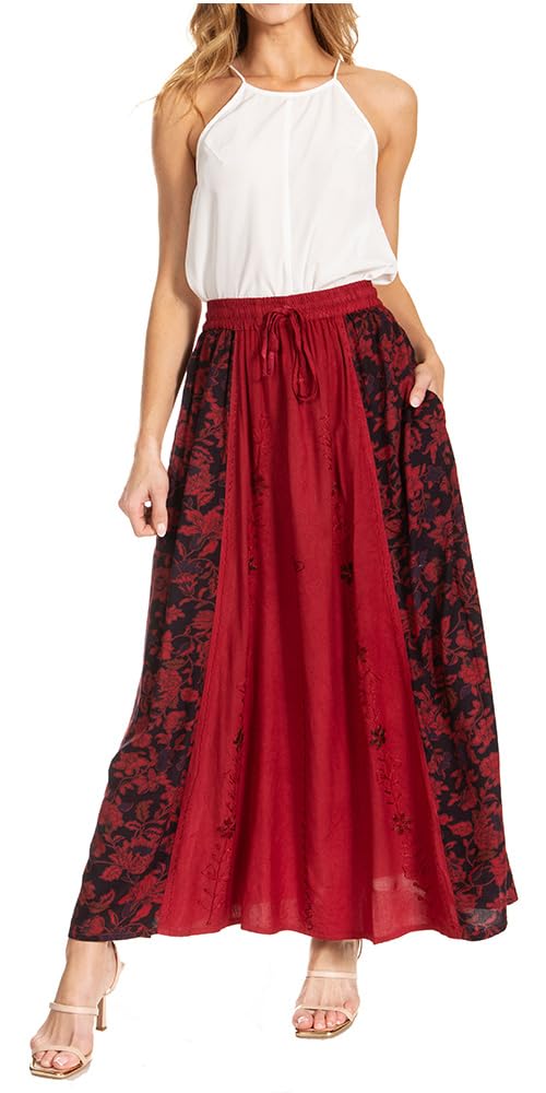 Sakkas Maran Frauen Boho Stickerei Rock mit elastischer Taille und Taschen Einheitsgrösse Grosse Grö