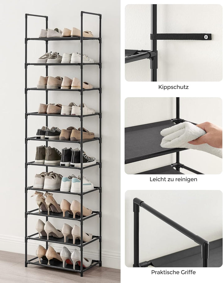 SONGMICS Schuhregal,10 Ebenen, Schuhablage, Schuhaufbewahrung, schmal, 28 x 45 x 173 cm, Metallgeste