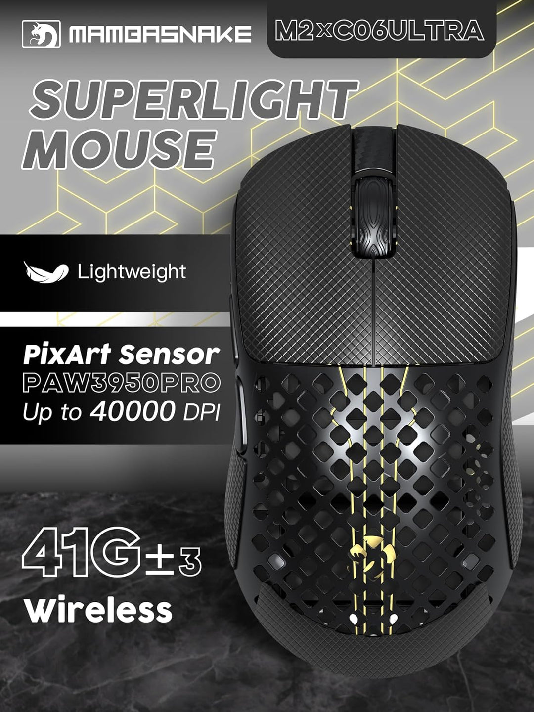 MAMBASNAKE M2 Ultra-Lightweight Wireless Gaming Mouse, PAW3395PRO Sensor 40000 DPI, 41g Carbon Fiber