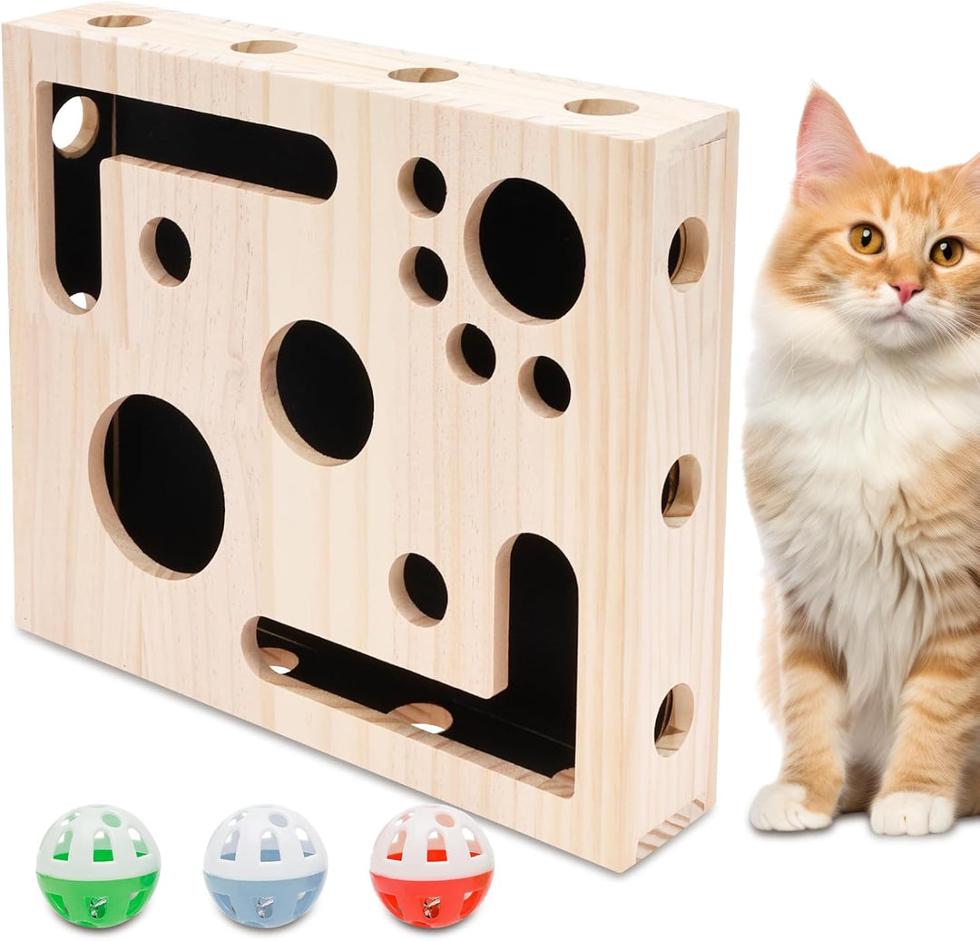 Beschäftigungsbox Krallenfeile Katze, 29,5×24,5×6 cm Kratzpuzzle Spielbox Holz Katzen Kratzbrett mit