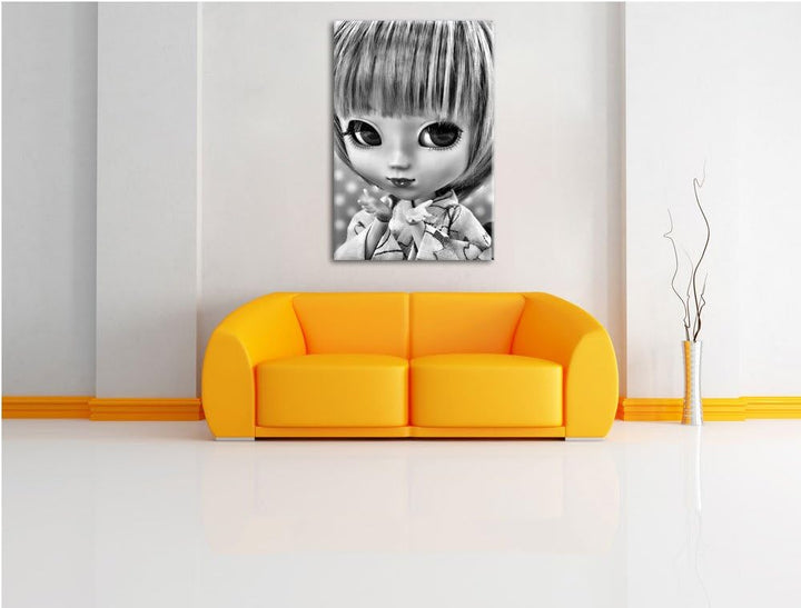 Pixxprint Monocrome, kleine Puppe im traditionellen Kimono, Format: 100x70 auf Leinwand, 100x70