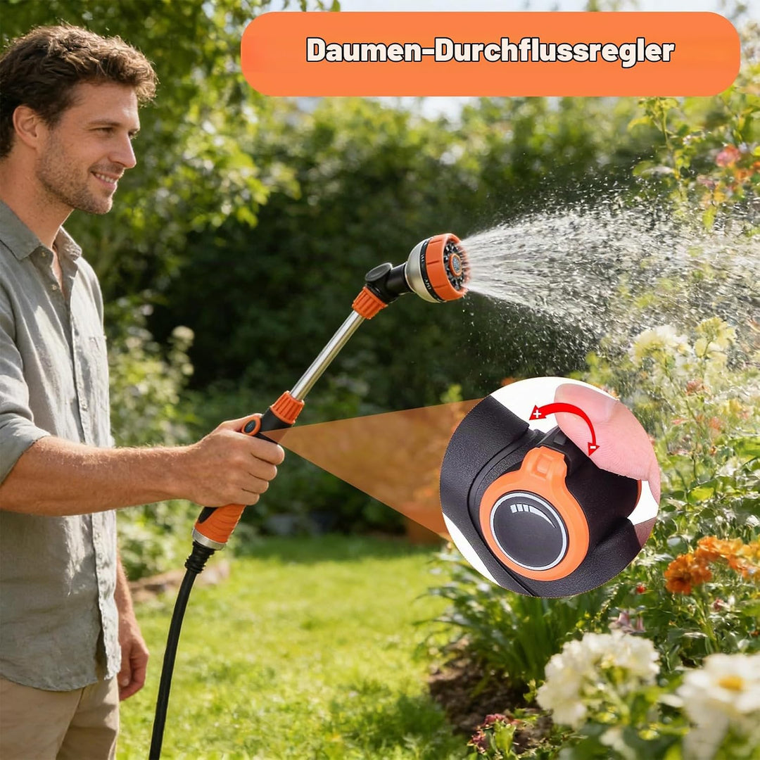 Idota Giessstab Lang 47CM Gartenbrause mit 180° Schwenkkopf 8 Sprühmustern für Garten, Beete (Orange