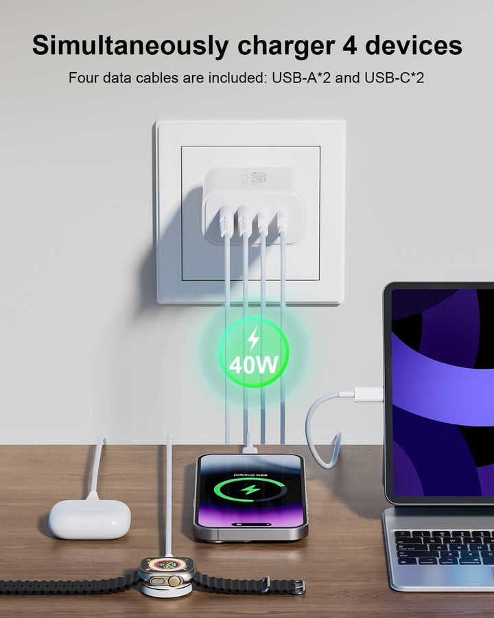 40W USB-Ladegerät mit 4 Kabeln, 2 USB-C + 2 USB-A Anschlüssen Wandladegerät für iPhone, Samsung, And