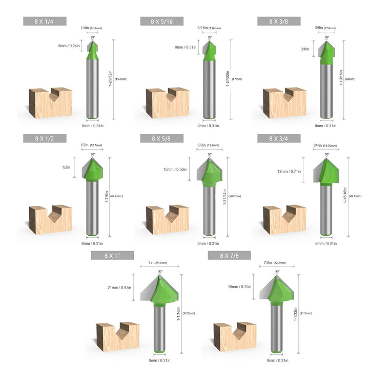 8-mm-Schaft-V-Nut-Fräser, 8-Griff-V-förmiger Fräser, Integrierter Brett-Klappfräser, Schnitz- und Ho