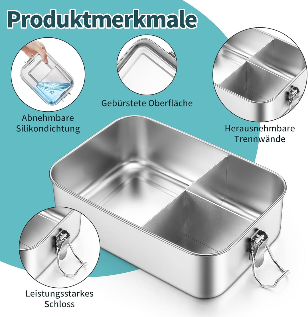 Joyfair Brotdose mit Fächern, Edelstahl Bento Box mit 3 Fächern, Metall Lunchbox Brotzeitdose mit Au