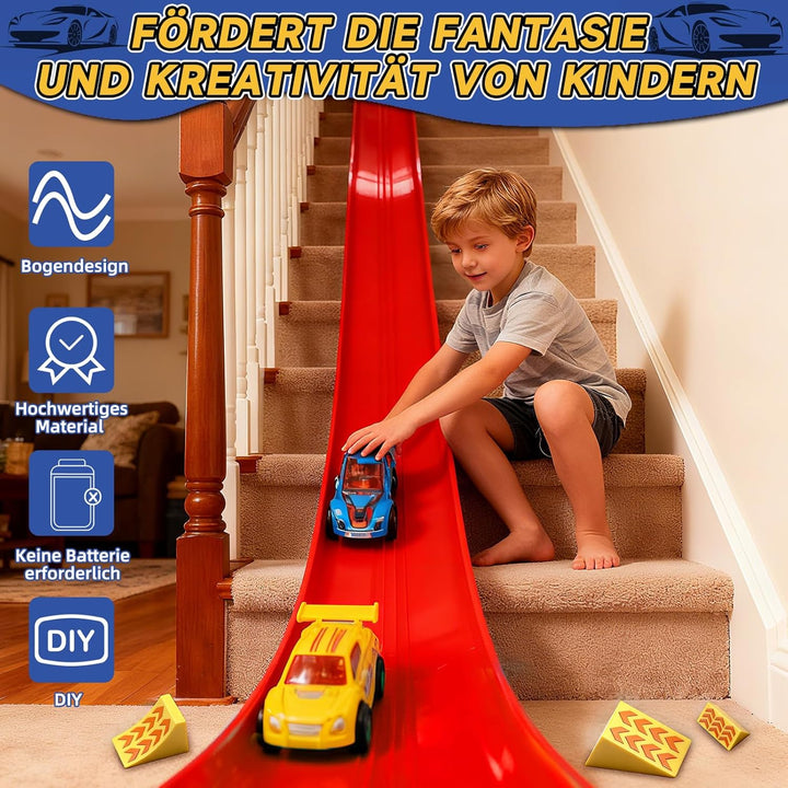 Flexible Rennbahn Kinder 5M, Autorennbahn für Kinder mit 4 Autos, Aufbewahrungstasche, Katapult, Ren