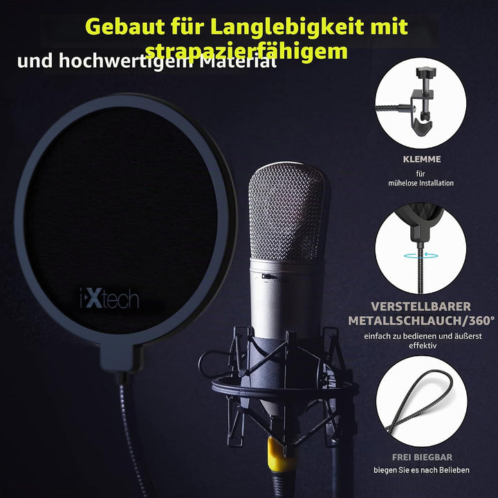 IXTECH Popfilter für Blue Yeti-Mikrofon, doppelschichtiger Schallschutz, Schildwächter, Windschutz m