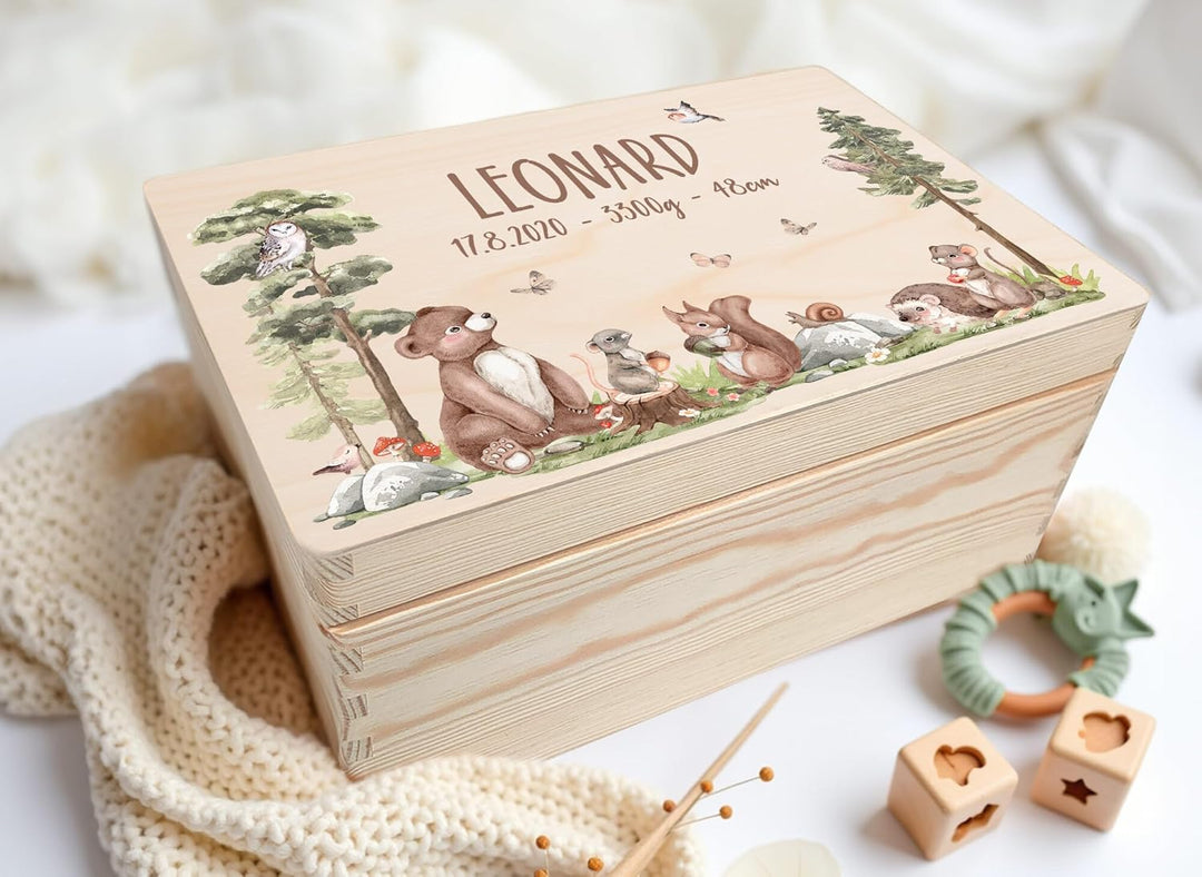 Little Deco Baby Erinnerungsbox personalisiert Waldtiere | 40 x 30 x 22 cm | Taufgeschenk Erinnerung