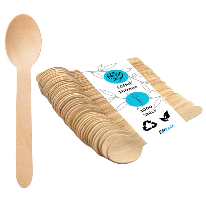 Enpack Holzlöffel 1000 Stück - Einwegbesteck Löffel 160mm - 100% umweltfreundliches Holzbesteck Einw