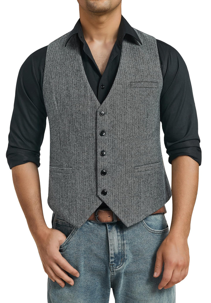 HISDERN Herren Anzugweste Herringbone Weste Hochzeit Herrenweste Formale Tweed Wollweste Classic Bas