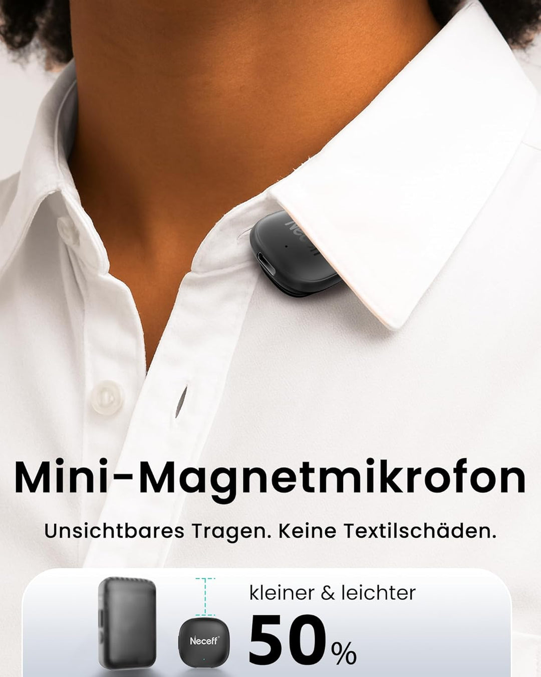 Mini Kabelloses Mikrofon, Wireless Lavalier Mic mit 48kHz/24Bit Hi-Fi Audio, 32H Dauer, 200m Reichwe