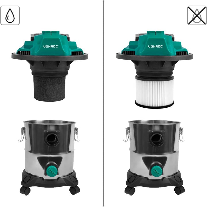 VONROC Nass und Trockensauger - Nasssauger, Industriesauger trocken und nass - Werkstattsauger 1400W