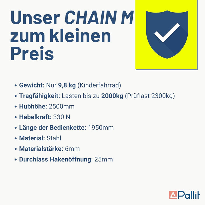 Pallit Flaschenzug CHAIN-M | 2000 kg Tragkraft | 2,5 m Hubhöhe | robuste Stahlkette | Seilzug mit 36
