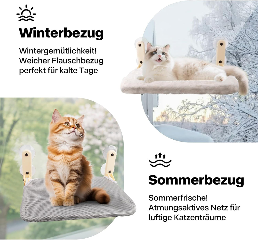 Pet Prime Katzen Fensterliege – 85mm Saugnäpfe &amp; 20kg Tragkraft, Edelstahl-Gestell, 2 Abnehmbare Bez