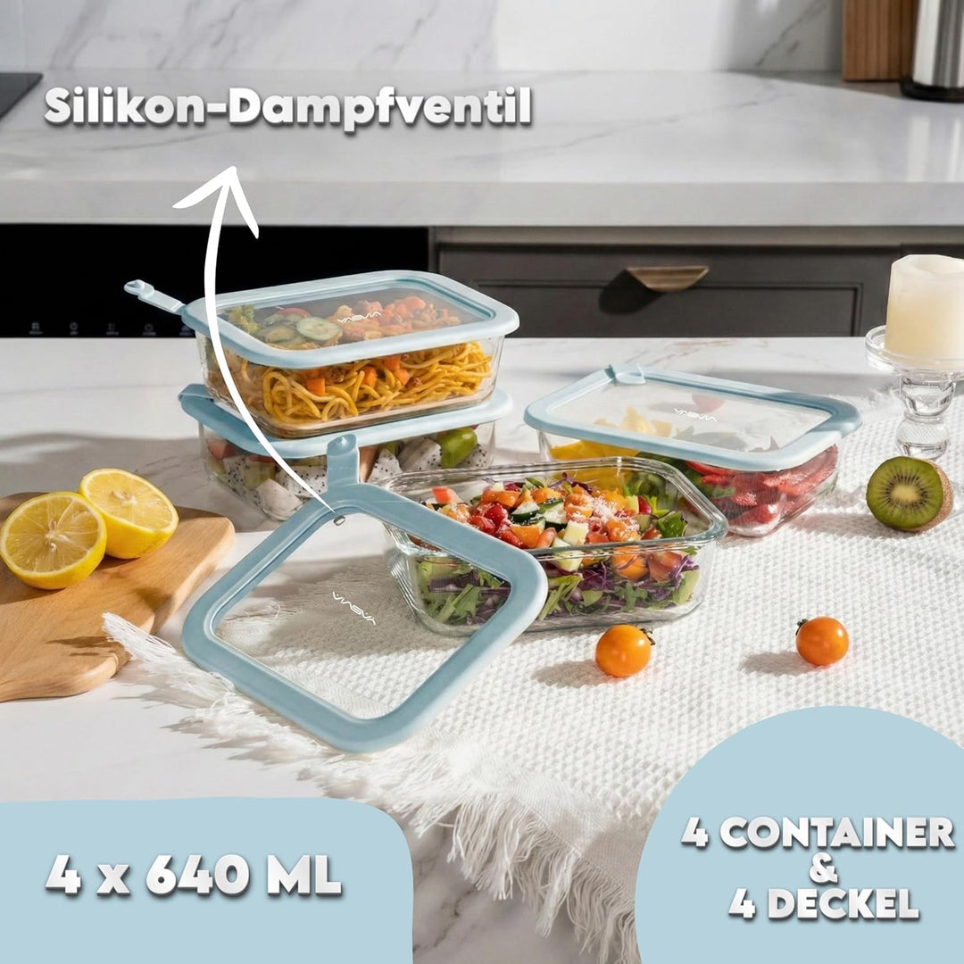Frischhaltedosen Set (4x640ml) Plastikfrei, Borosilikatglas Vorratsdosen, Silikondeckel, Luftdicht,
