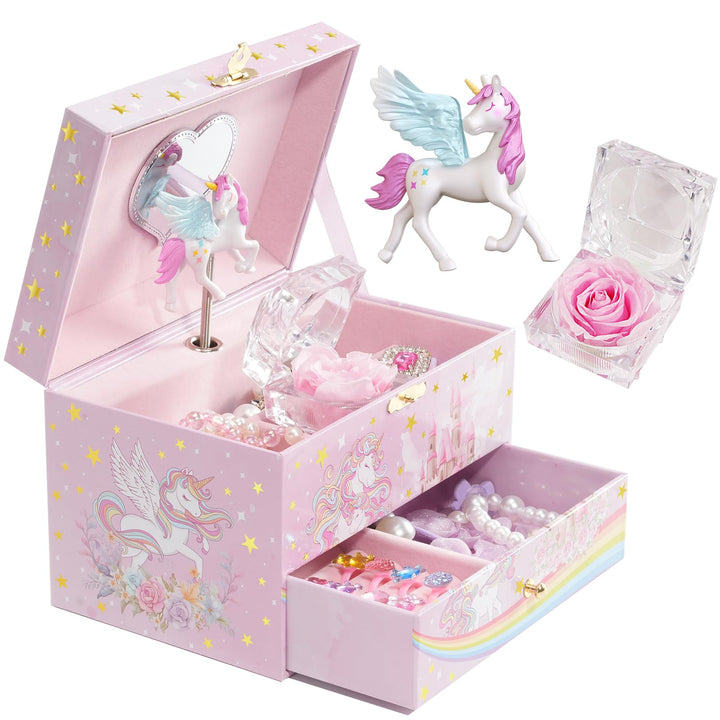 ProCase Kinder Musik Box Schmuckkästchen mit Spieluhr Einhorn & Konservierte Blumen, Schmuckschatull