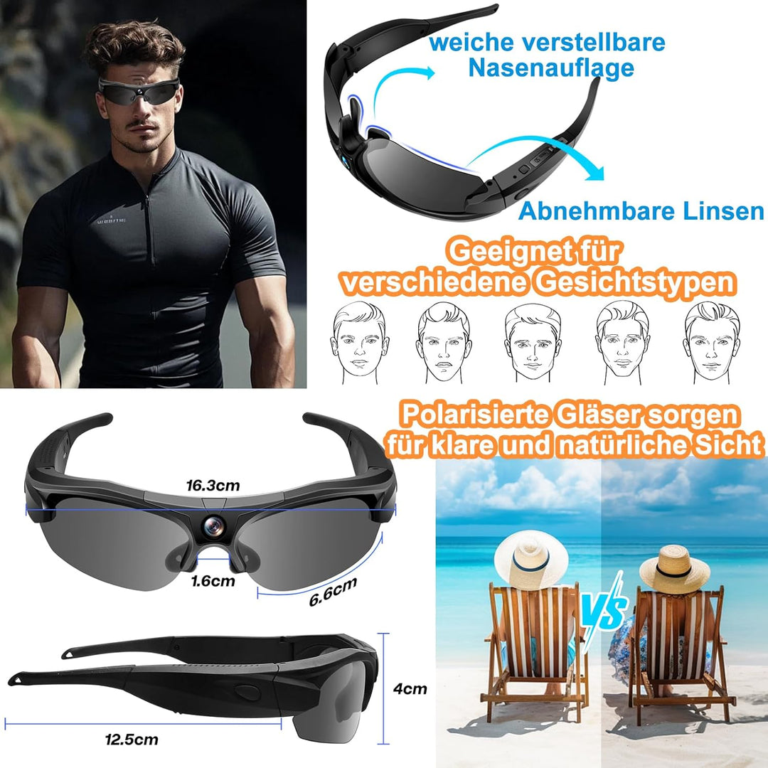 Action-Cam, WiFi 4K & 120° Weitwinkel Brille mit Kamera, Polarisierte Objektive & 100-Min Batterie &