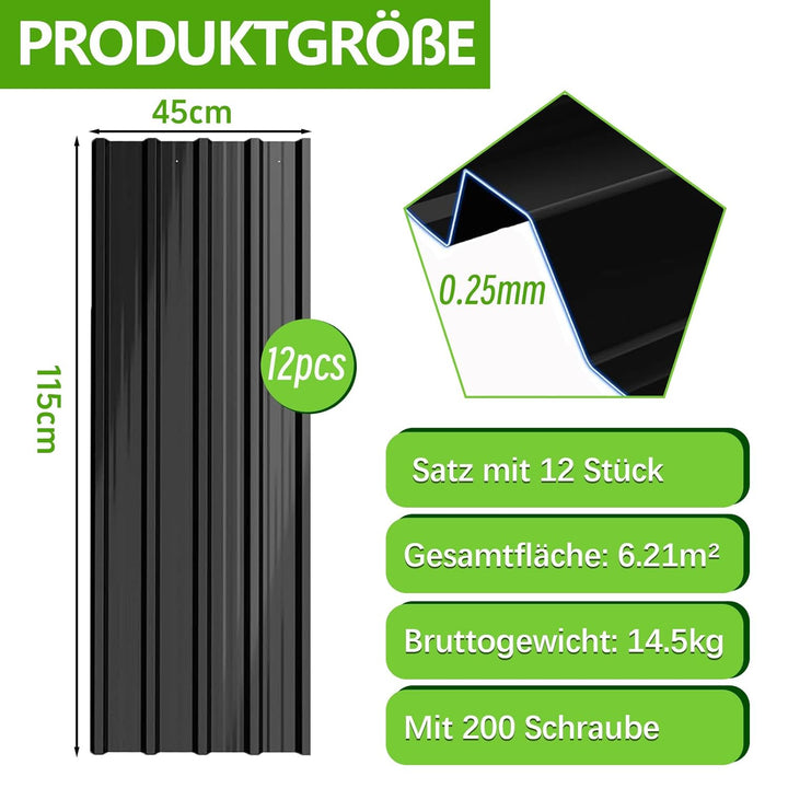 12er Set Profilblech Trapezblech, 115x45cm (6,21m²) Verzinkt Metall Dachplatten Wellblechplatten mit