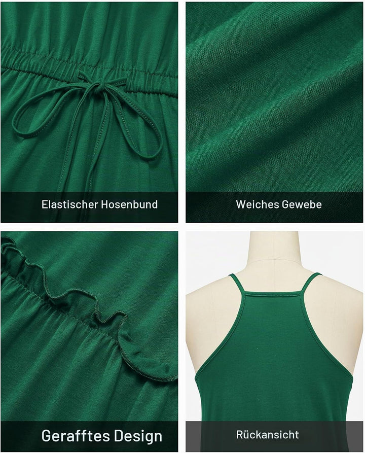 Newshows Sommerkleid Damen Knielang Spaghettiträger Kleid V-Ausschnitt Strandkleider S Dunkelgrün, S