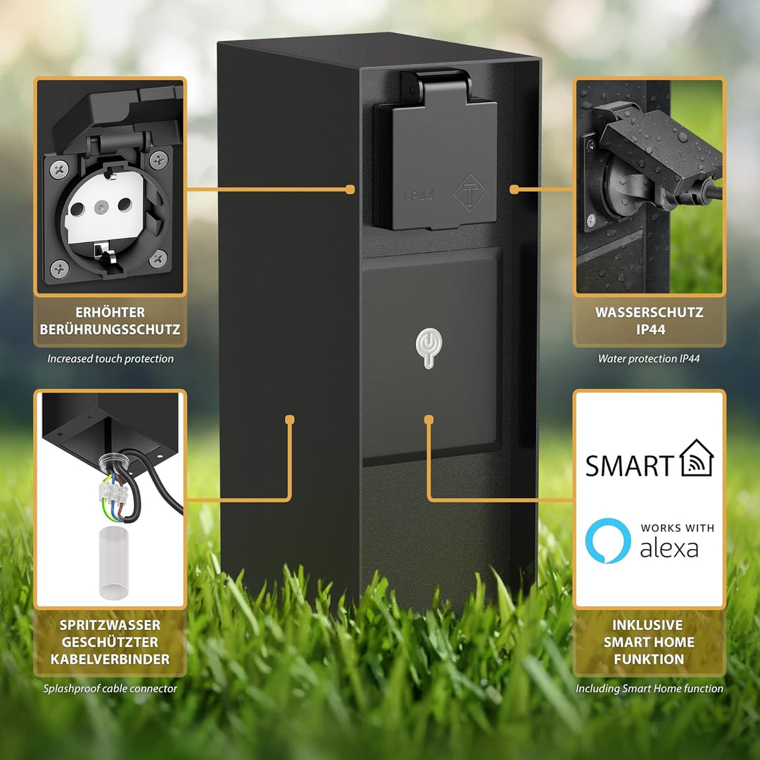 ledscom.de Garten-Steckdosensäule POMI mit Erdspiess und 2m Kabel für aussen, IP44, Smart Home, WLAN