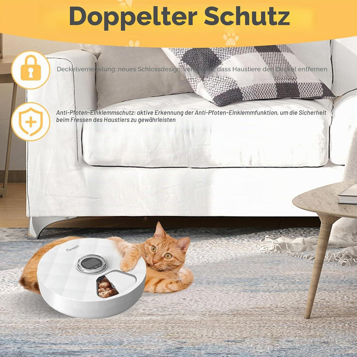 Auveach Futterautomat Katze Nassfutter Automat mit 2 Kühlakkus/Programmierbarem Timer, 6 Mahlzeiten