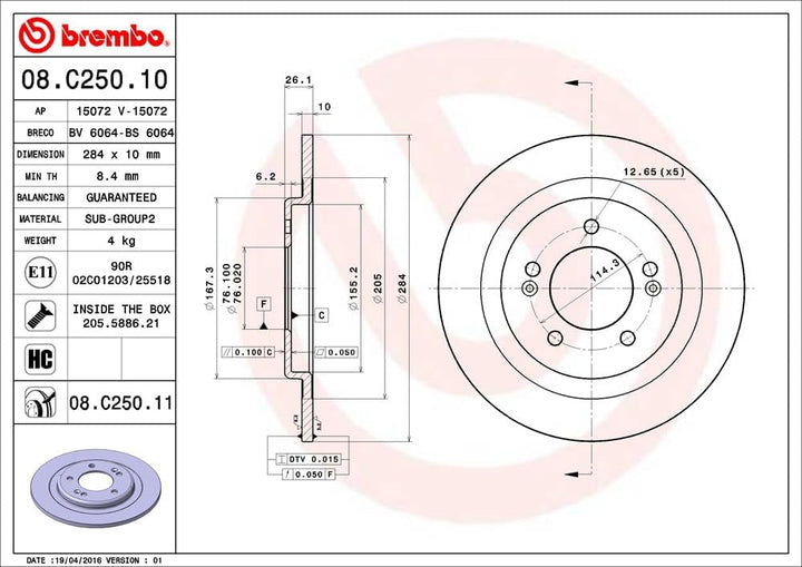 Brembo 08.C250.11 Bremsscheibe Rotoren