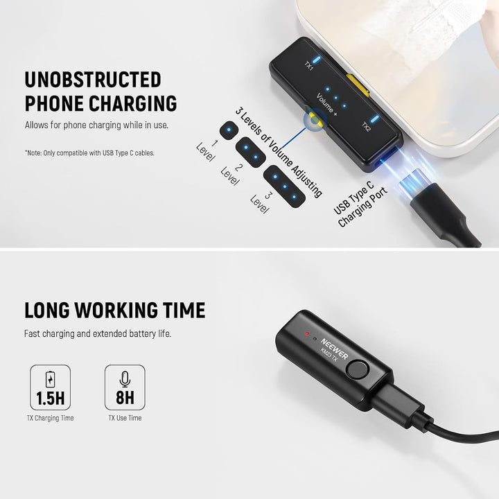 NEEWER Lavalier Kabelloses Mikrofonsystem, 1x USB C Empfänger mit OTG Adapter &amp; 1x Noise Cancelling