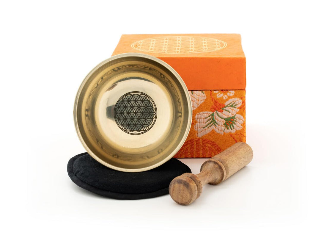 Klangschalen-Set mit Gravur Blume des Lebens Grösse M: Handgefertigt in Nepal und natürlich fair geh