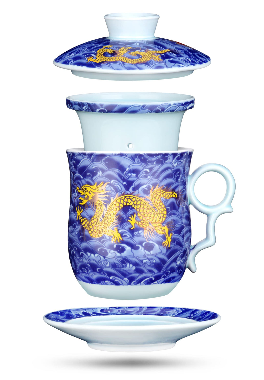 YURROAD 400ml Chinesische Teetasse, 4 in 1 Tee Becher Porzellan mit Sieb/Infusor/Deckel und Untertas