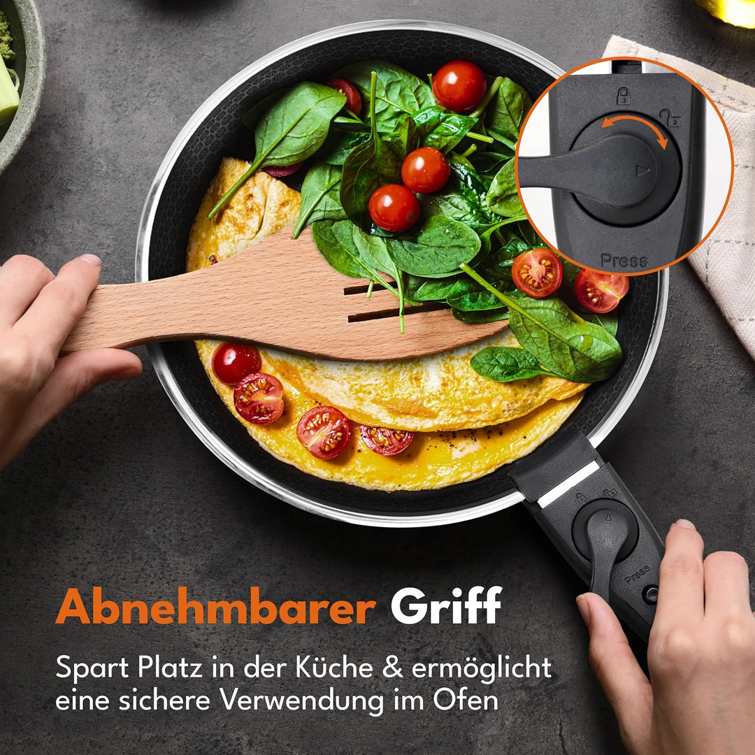 LEBENLANG Pfannenset Abnehmbarer Griff - 4 Tlg. In 22/24/28cm Wabenstruktur I Campingpfannne Bratpfa