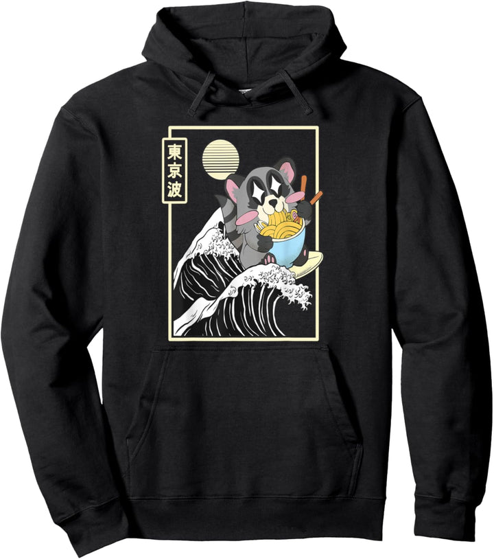 Waschbär isst Ramen beim Surfen einer Welle Pullover Hoodie