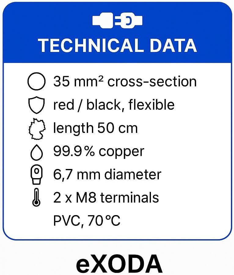 eXODA Batteriekabel Set 35 mm² 50cm mit Kabelschuhen M8 Rot und Schwarz