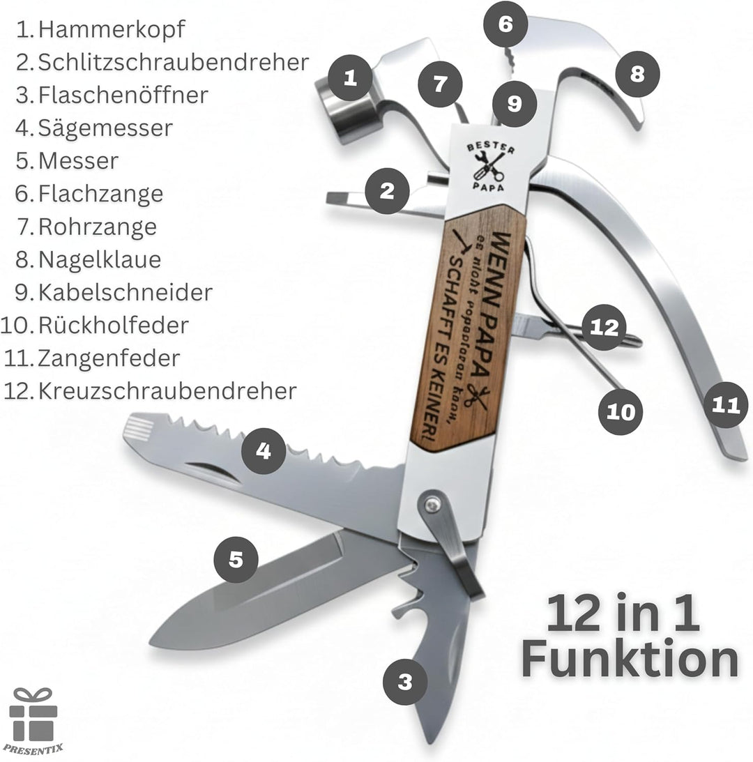 Multitool für Papa – Papa Geschenk mit Gravur – Hochwertiges Edelstahl Werkzeug mit Hammer, Messer,