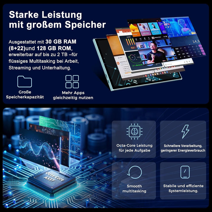 Tablet 10 Zoll mit Tastatur und Maus, Android 15 mit Gemini AI, 30 GB RAM + 128 GB ROM, Erweiterbar