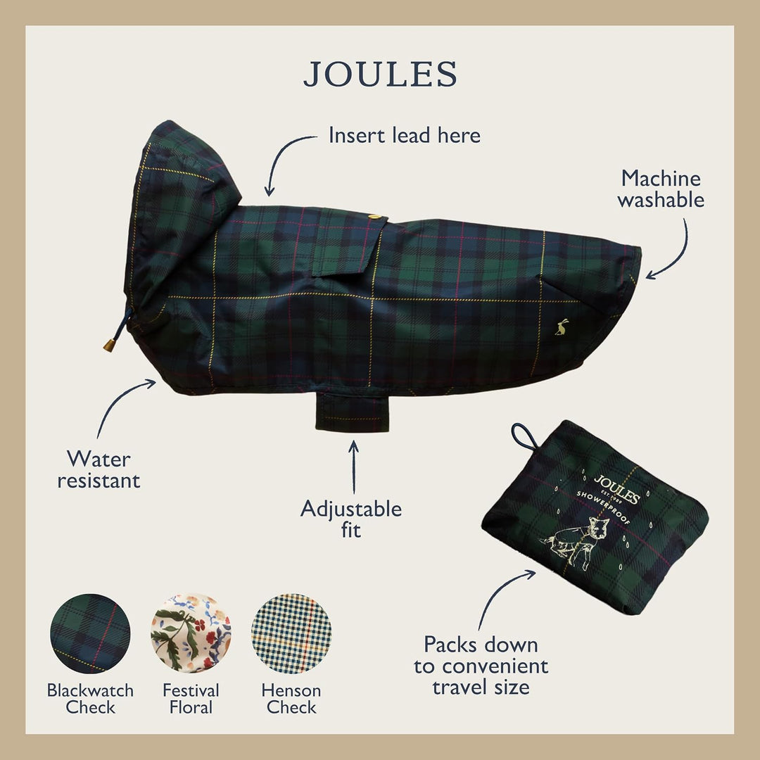 Rosewood x Joules Blackwatch Check Packaway Hundejacke, Grösse M, leicht, wasserabweisend, mit Kapuz